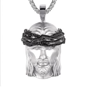 925 Silver Holy Jesus Matte Black Icy Crown Catholic God Pendant sold by Master Of Bling