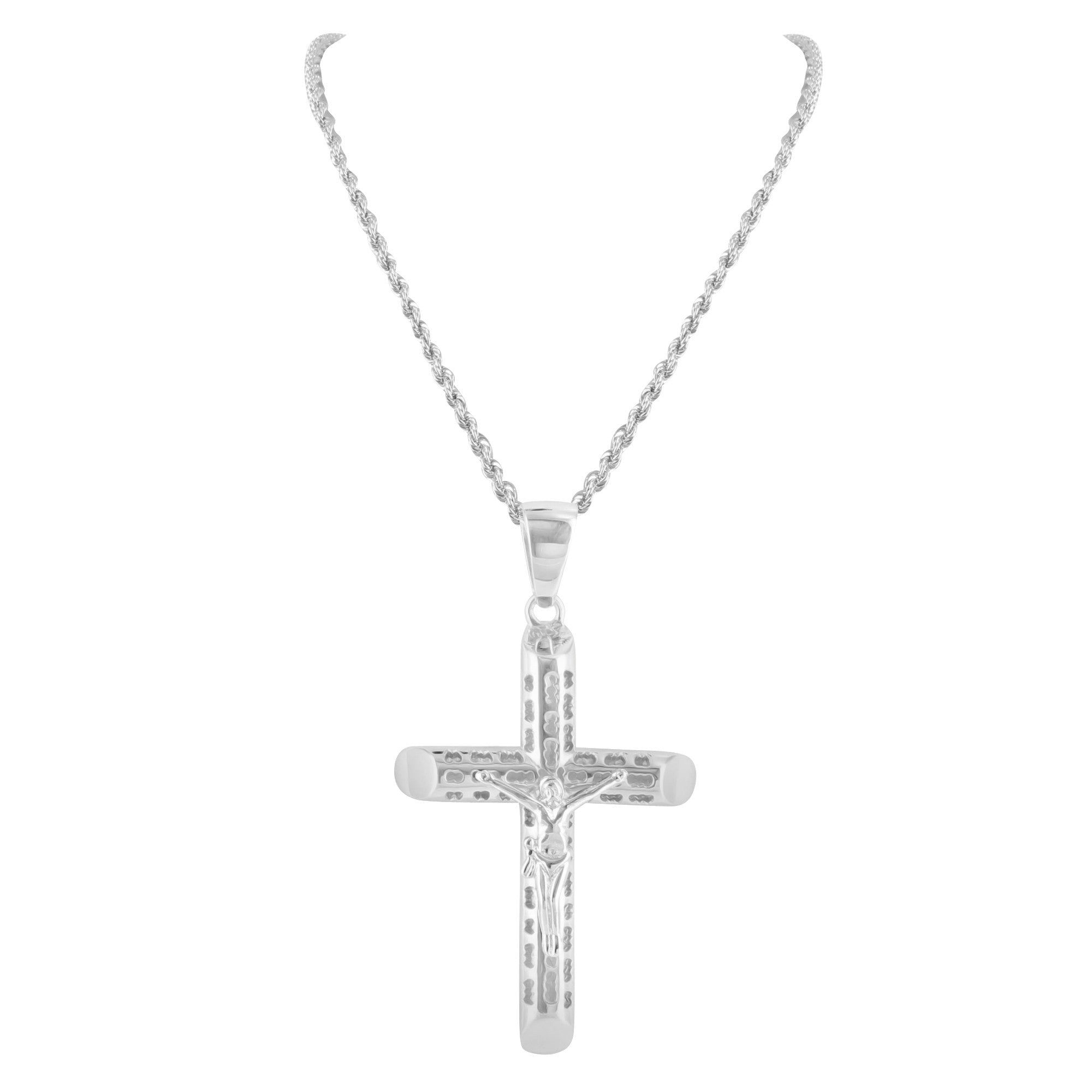 14k White Gold Finish Jesus Hanging Crucifix Pendant Stainless Steel Rope Chain sold by Master Of Bling product image thumbnail 2
