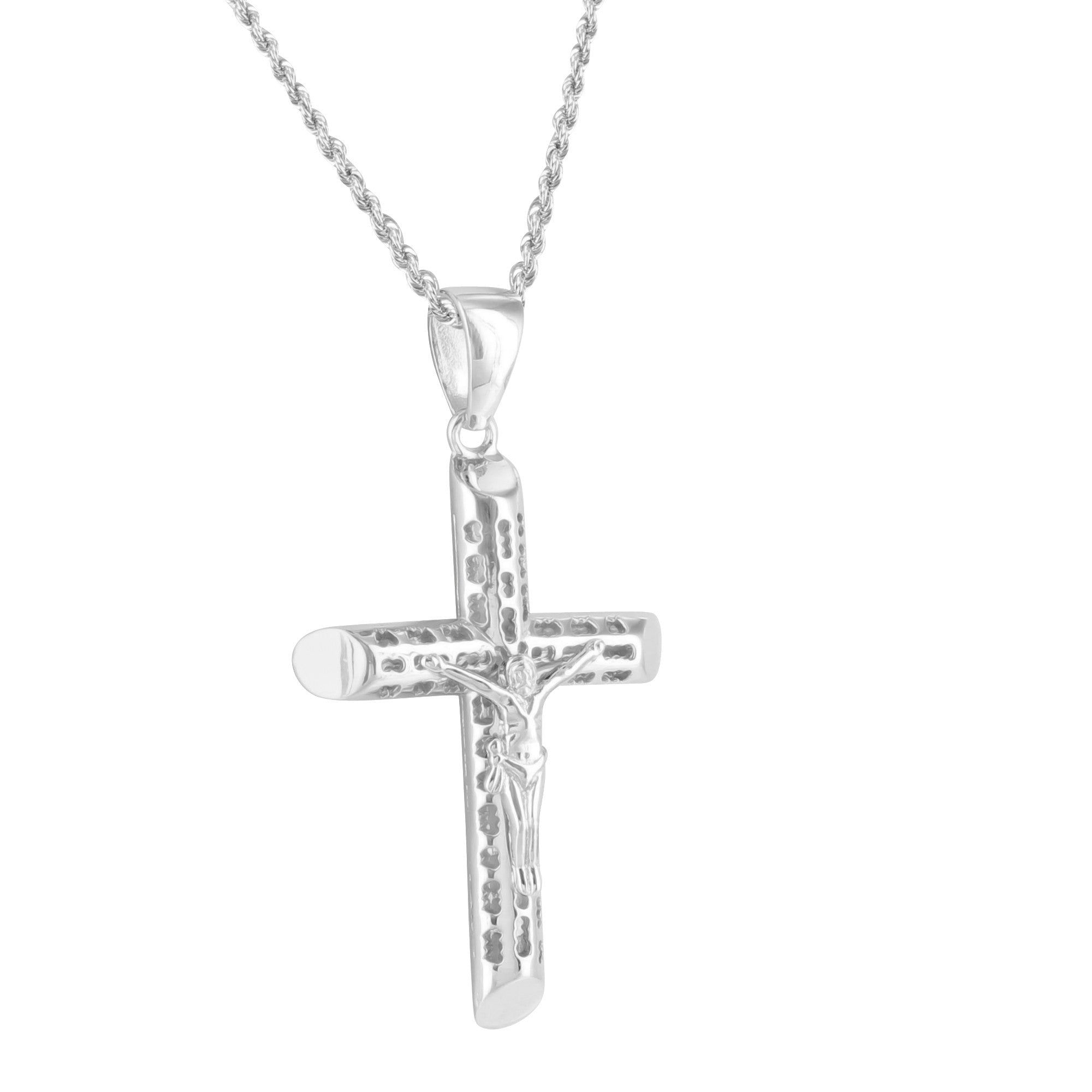 14k White Gold Finish Jesus Hanging Crucifix Pendant Stainless Steel Rope Chain sold by Master Of Bling
