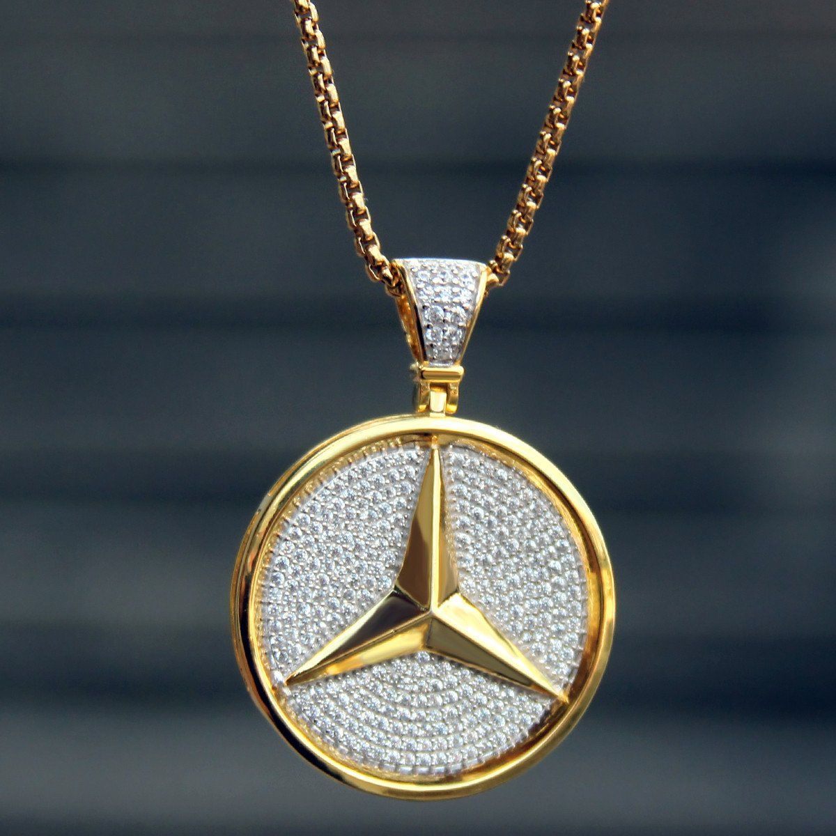 Sterling Silver 14k Gold finish Luxury Car Logo Round Bling Pendant with free 24" Box Chain sold by Master Of Bling
