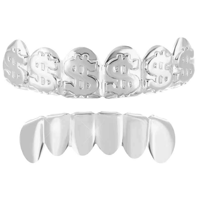 Dollar Design Grillz 14k White Gold Finish Plain Top Bottom Set sold by Master Of Bling
