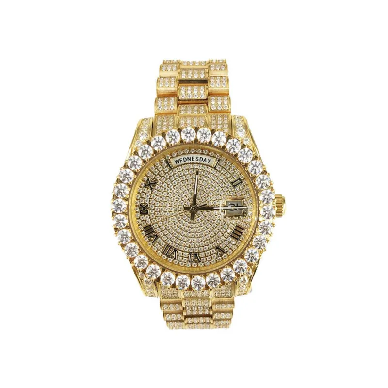 Moissanite Stainless Steel Round Face Yellow Gold Tone Watch sold by Master Of Bling
