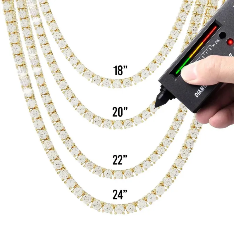 .925 Silver 4mm VVS Moissanite Tennis Chain Yellow Gold sold by Master Of Bling