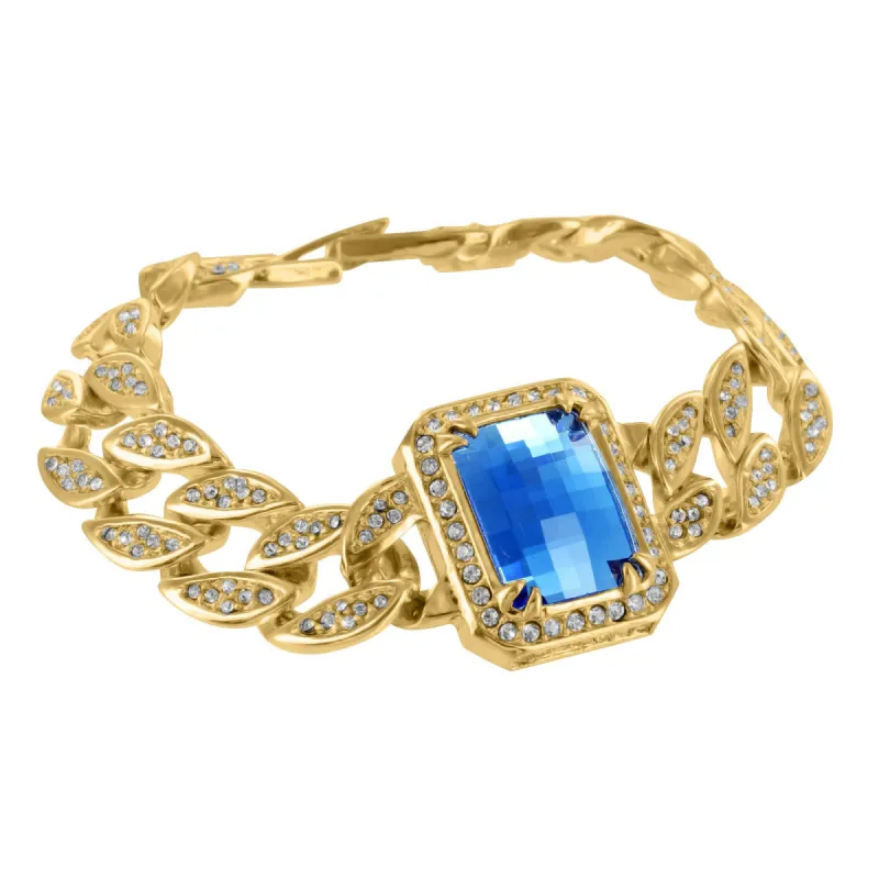 14K Yellow Gold Finish 28 MM Miami Cuban Aqua Blue Gemstone Bracelet sold by Master Of Bling