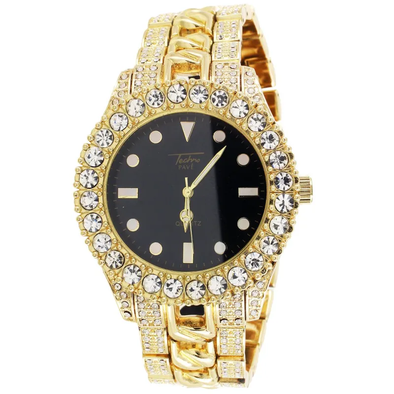 Mens Cuban Link Bracelet Band Watch Solitaire Bezel Techno Pave sold by Master Of Bling