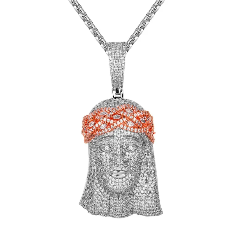 Moissanite VVS 10.4Ct. Jesus Crown Pendant White & Rose Tone Silver sold by Master Of Bling