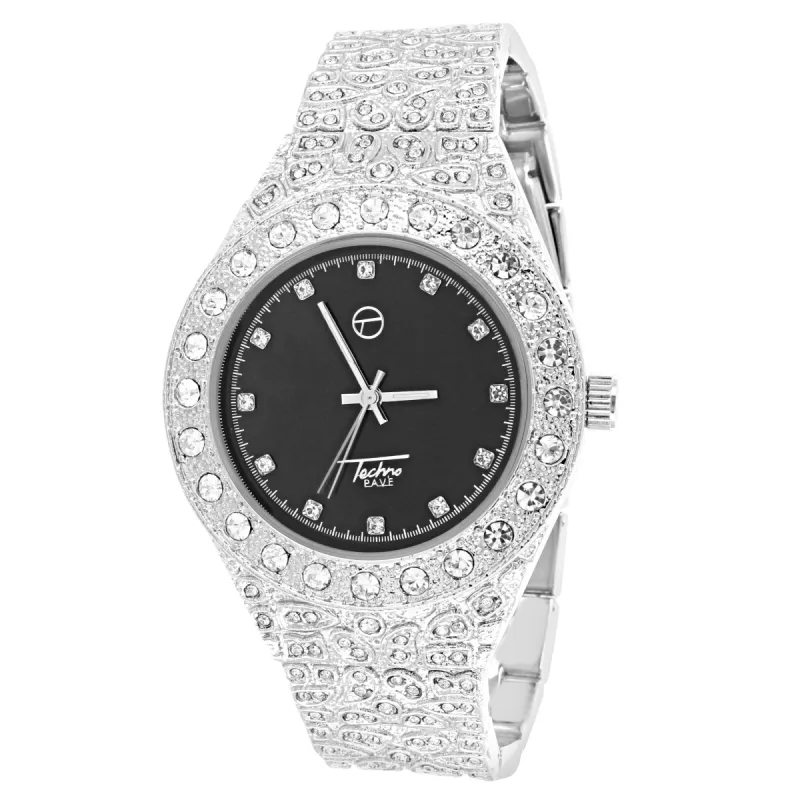 Men's Silver with Black Face Solitaire Nugget Band Watch sold by Master Of Bling