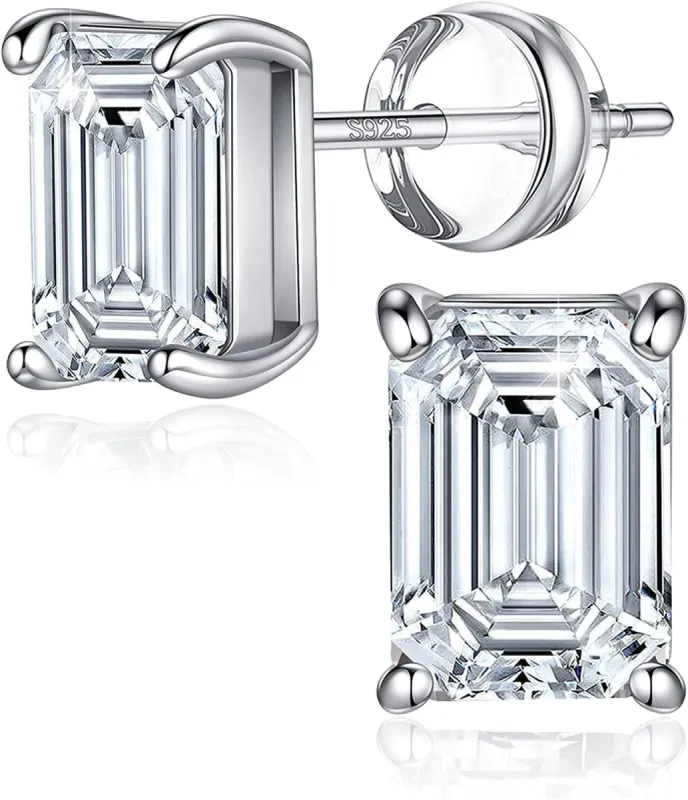 Silver Emerald Cut VVS Certified Moissanite 3.0 Ctw Stud Earrings made by Master Of Bling