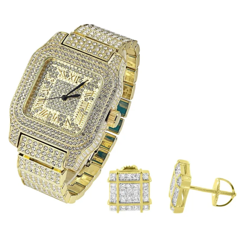 Square Face Gold Tone Men's Watch with Matching Earrings Combo Set sold by Master Of Bling