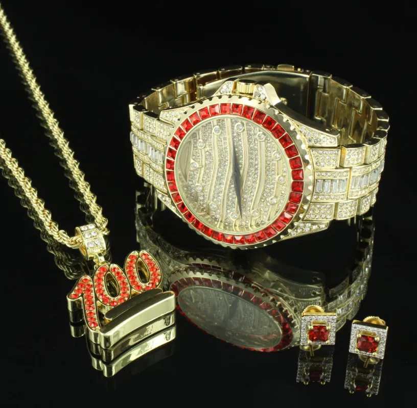 Men Hip Hop  Gold Tone Watch 100 Emoji Pendant Necklace Earrings Combo sold by Master Of Bling
