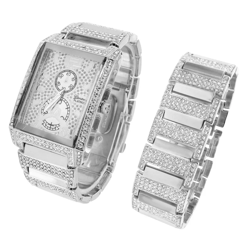 Rectangle Face Watch  Simulated Diamonds Matching Bracelet Gift Set sold by Master Of Bling