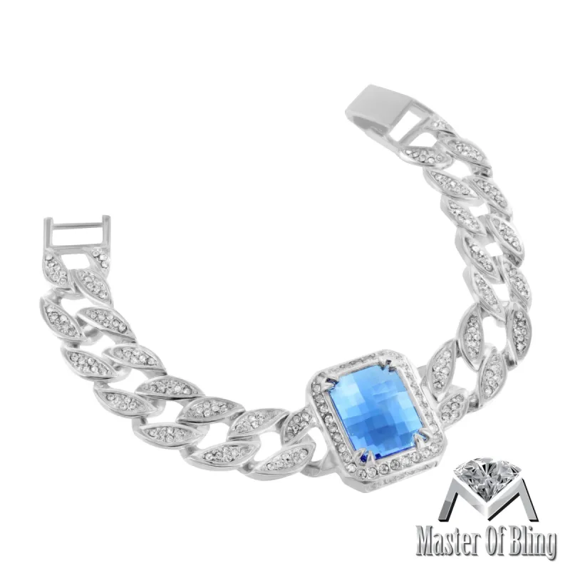 White Gold Tone Blue Sapphire Gemstone Bracelet Lab Diamonds sold by Master Of Bling