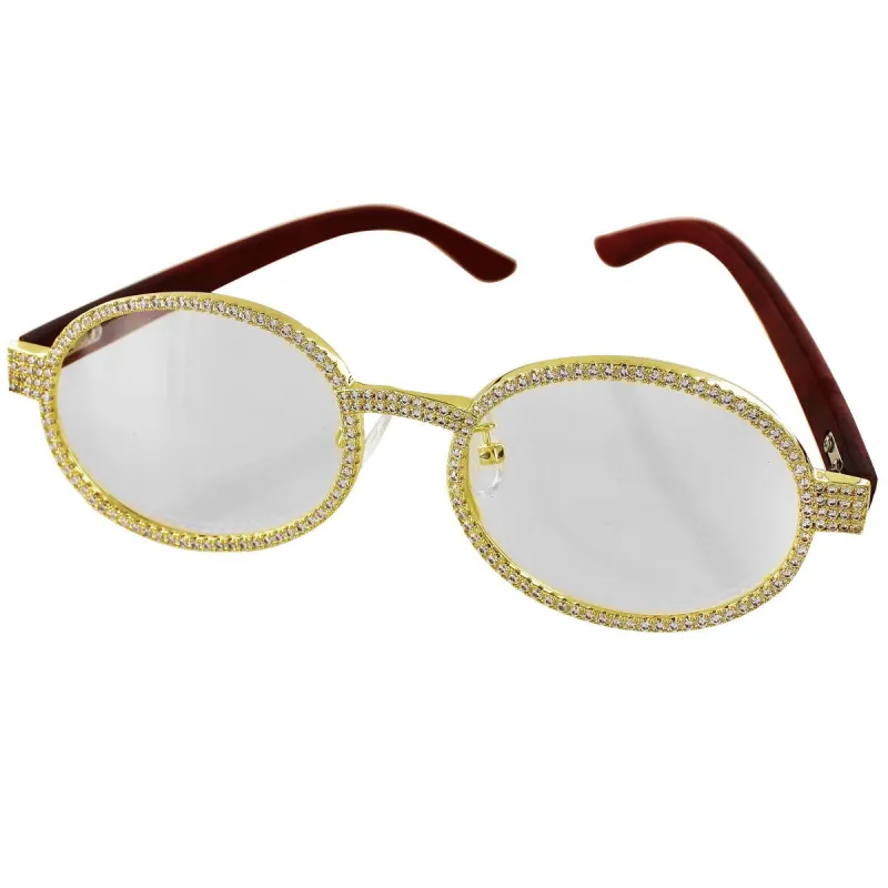 Round Icy Wooden Frame Custom Gold Tone Designer Glasses sold by Master Of Bling
