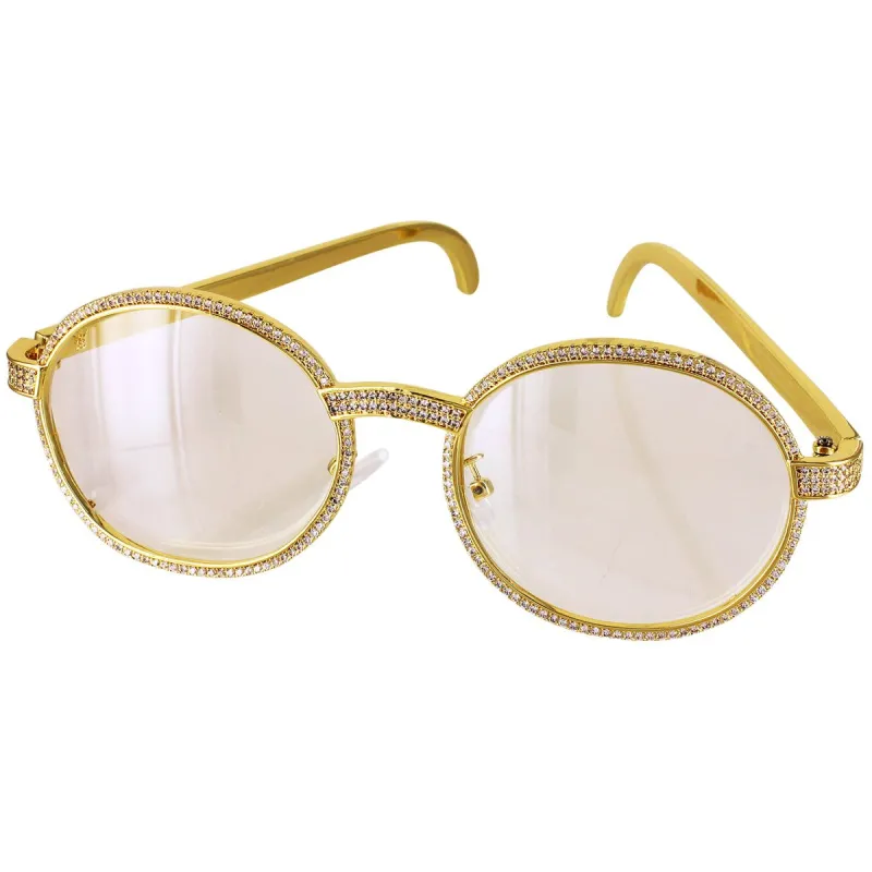 Gold Tone Icy Round Frame Metal Band Custom Glasses sold by Master Of Bling