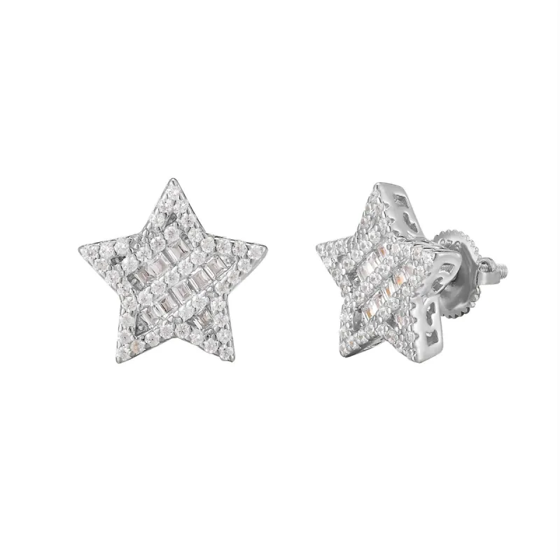3 Row Baguette Star Icy 3D Sterling Silver Earrings sold by Master Of Bling