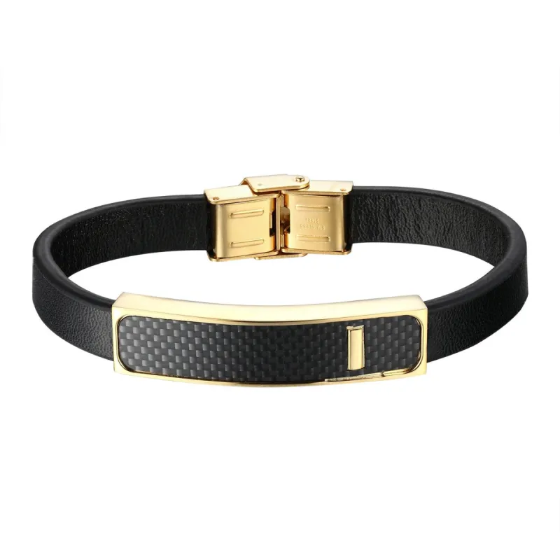 Carbon Fiber Bracelet 14k Gold Finish Stainless Steel Black Leather Wristband Mens sold by Master Of Bling