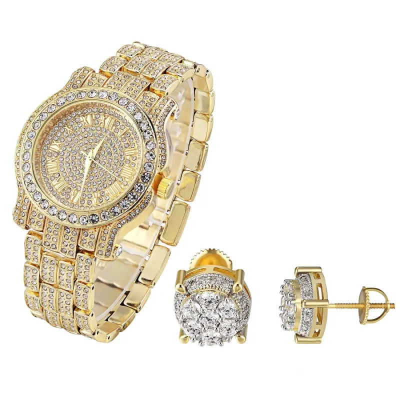 Hip Hop Fully  Yellow Gold Finish Men's Techno Pave Watch & Solitaire Earrings Combo sold by Master Of Bling