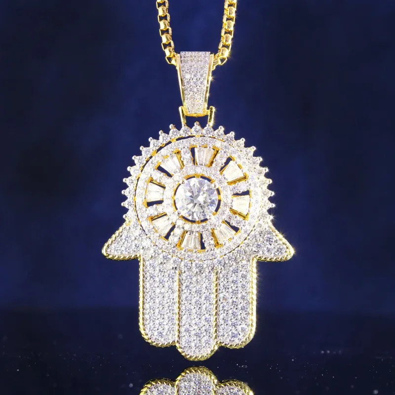 14k Gold Finish Solitaire Prong Set Evil Eye Hamsa Hand Pendant sold by Master Of Bling