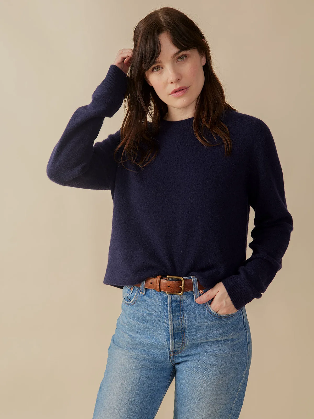 Eleanor Crewneck Cashmere Sweater - Navy Cashmere sold by Mata Traders