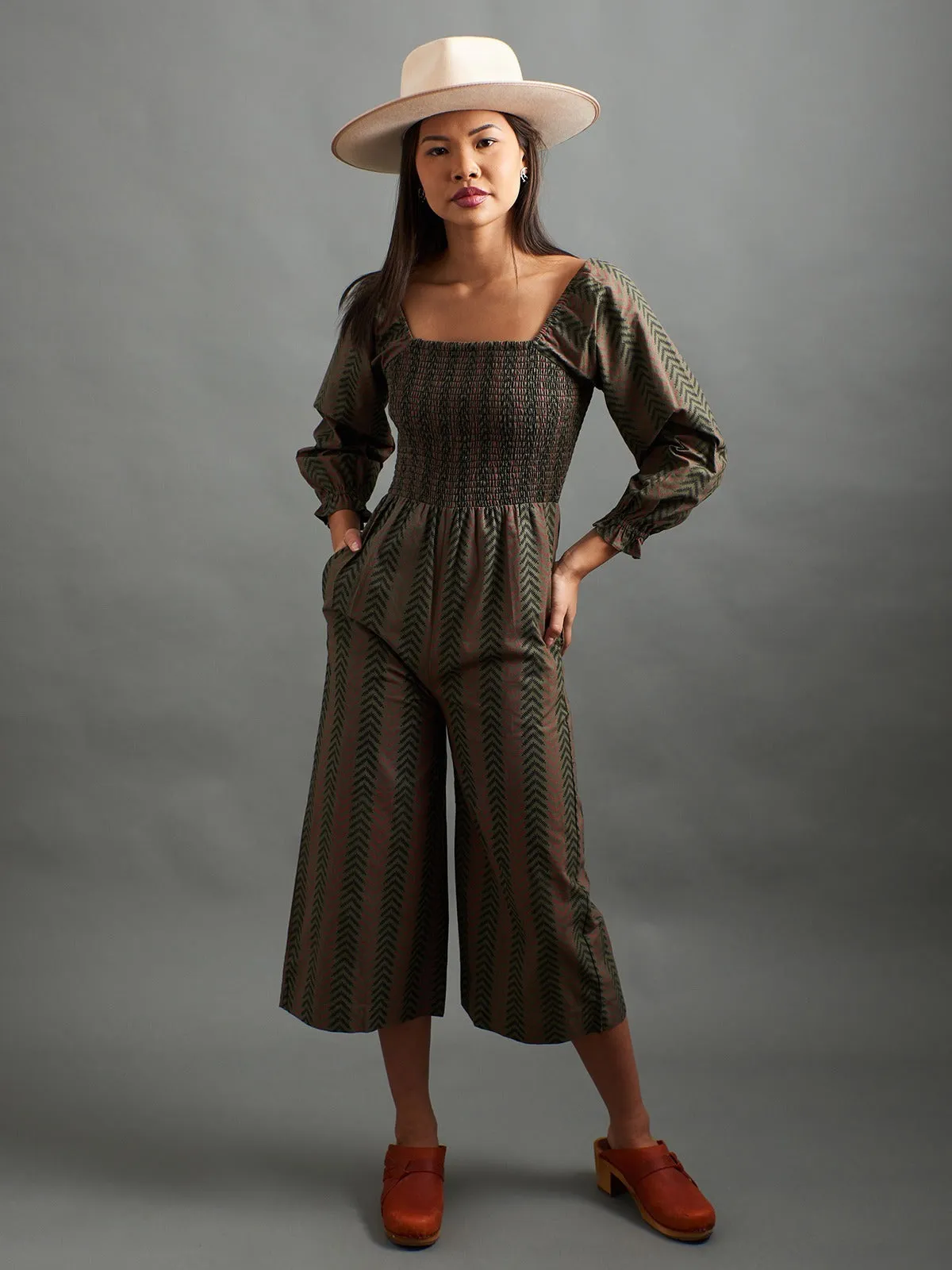 Theodora Jumpsuit - Chevron Fern Red sold by Mata Traders