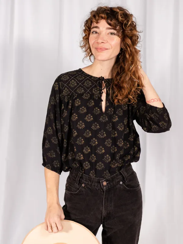 Devi Blouse // Second - Floral Stamp Black sold by Mata Traders