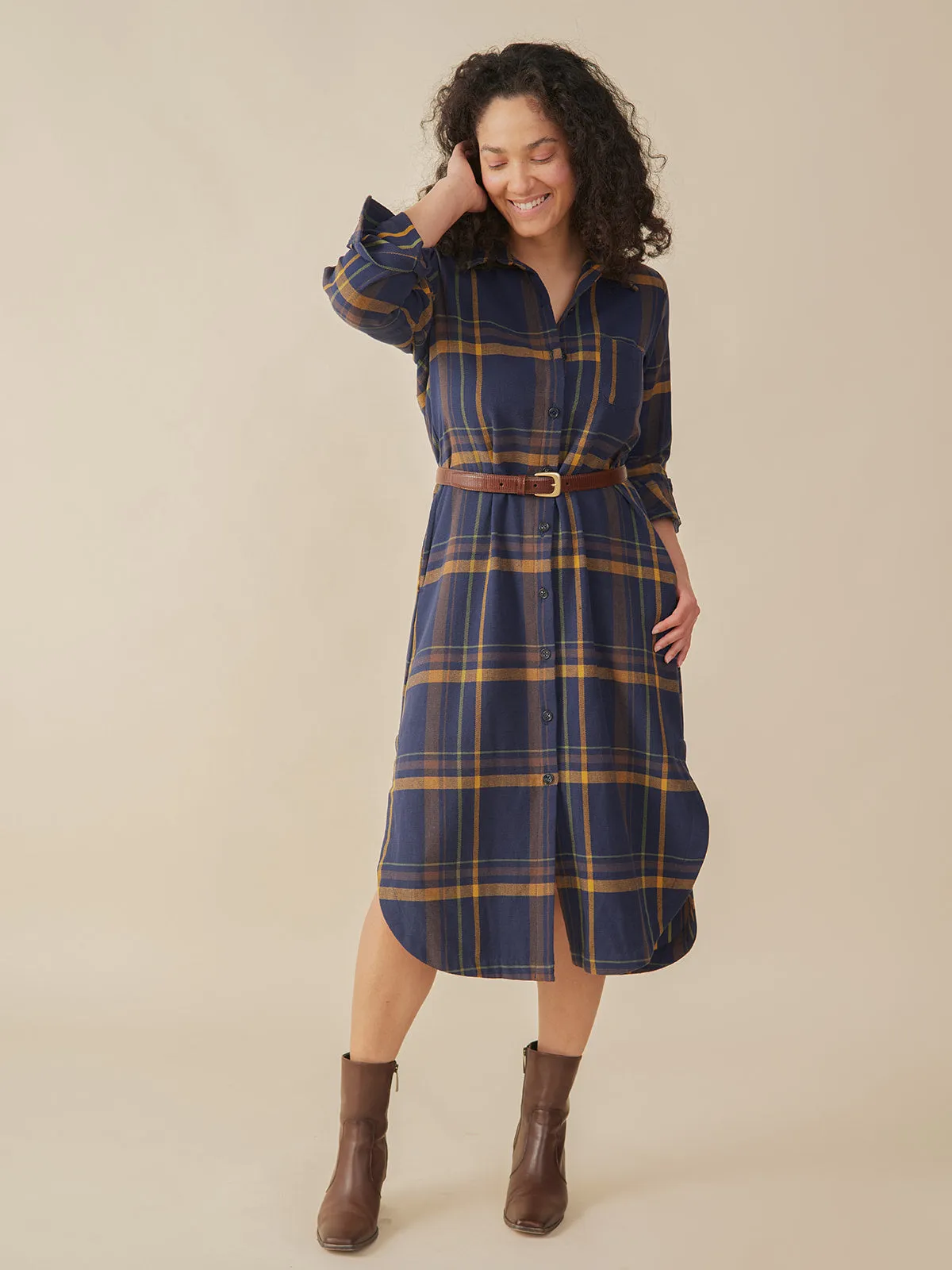 Sutton Shirtdress - Navy Yellow Plaid sold by Mata Traders
