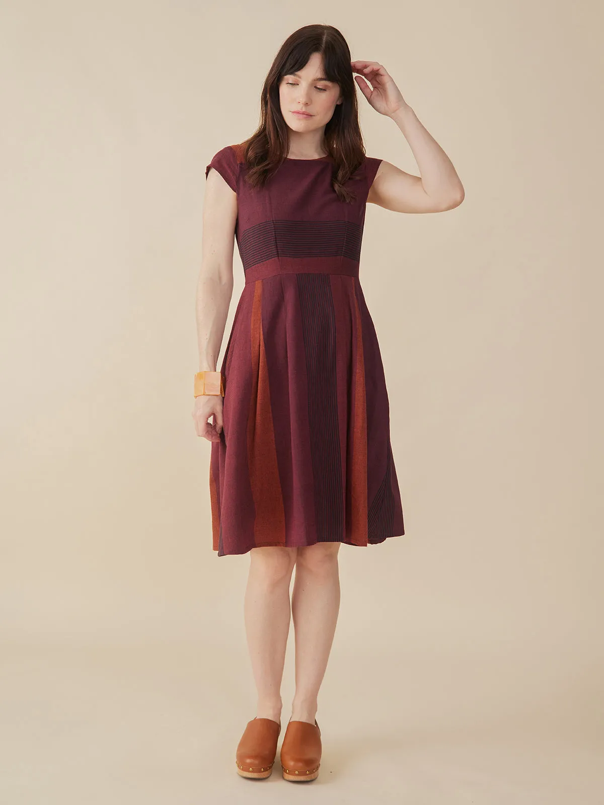 Devonshire Dress - Burgundy Stripe sold by Mata Traders