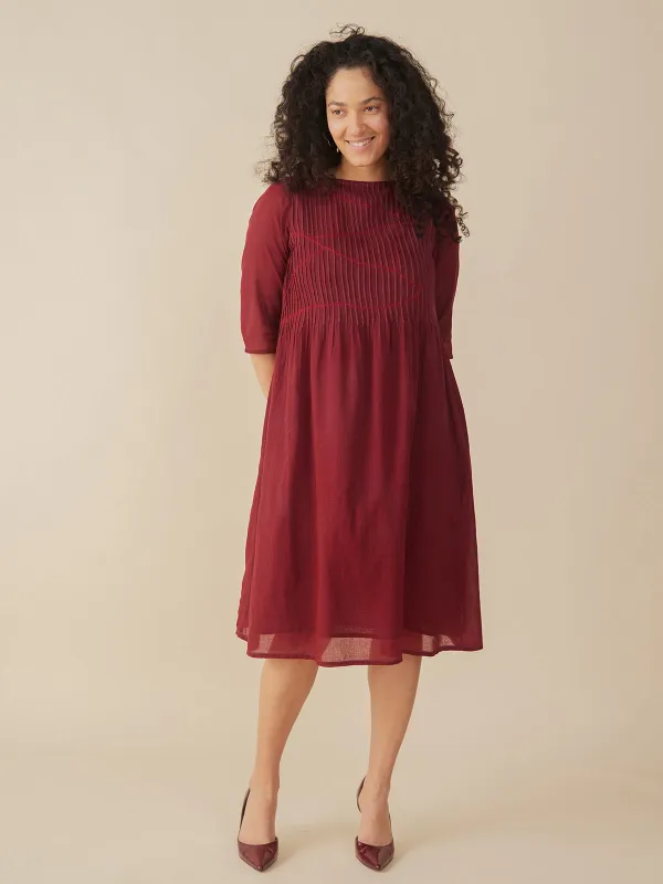 Alma Pintucked Dress - Crimson sold by Mata Traders