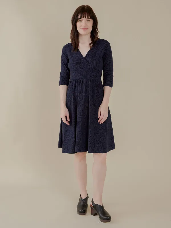 Callie 3/4 Sleeve Wrap Dress - Tree Rings Midnight sold by Mata Traders