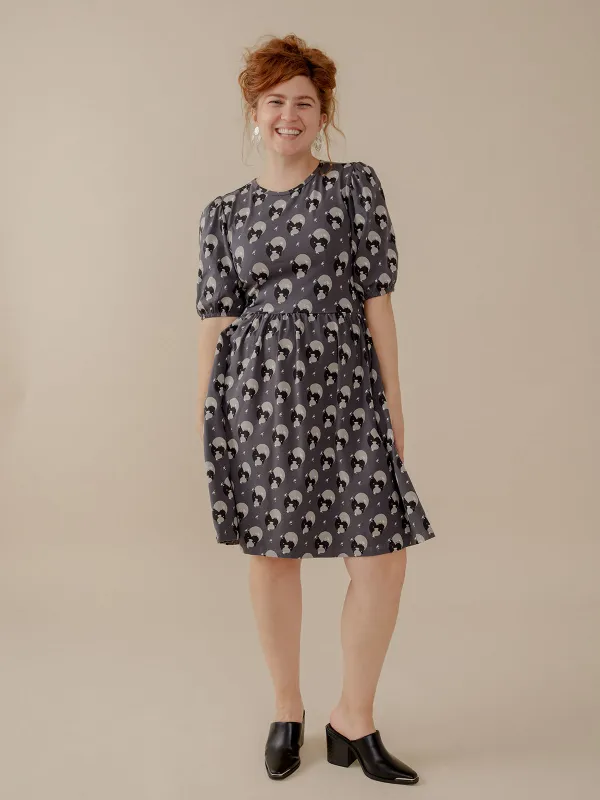 Inez Bubble Sleeve Dress - Vase Cluster Graphite made by Mata Traders