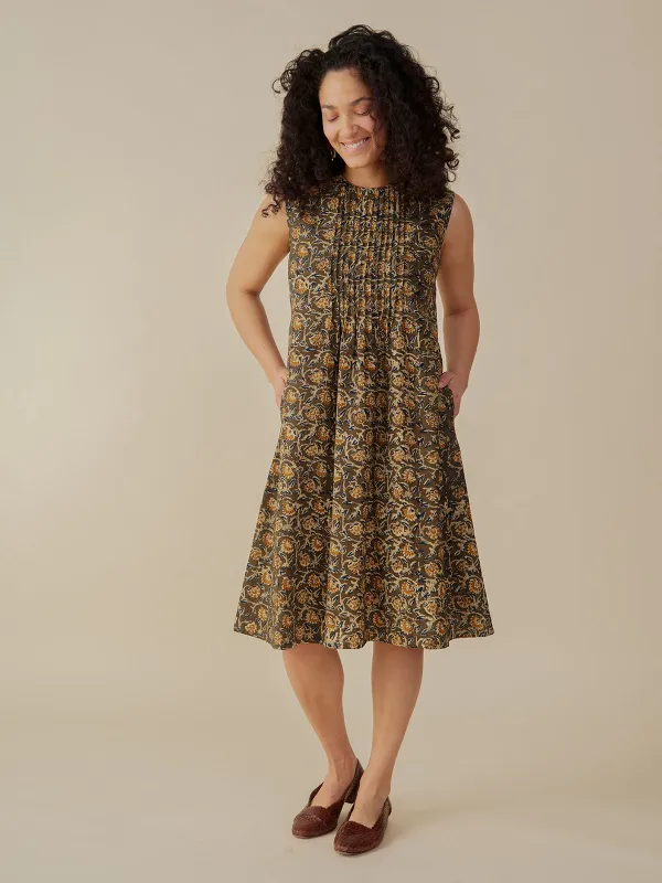 Penny Pintucked Dress - Olive Kalamkari sold by Mata Traders