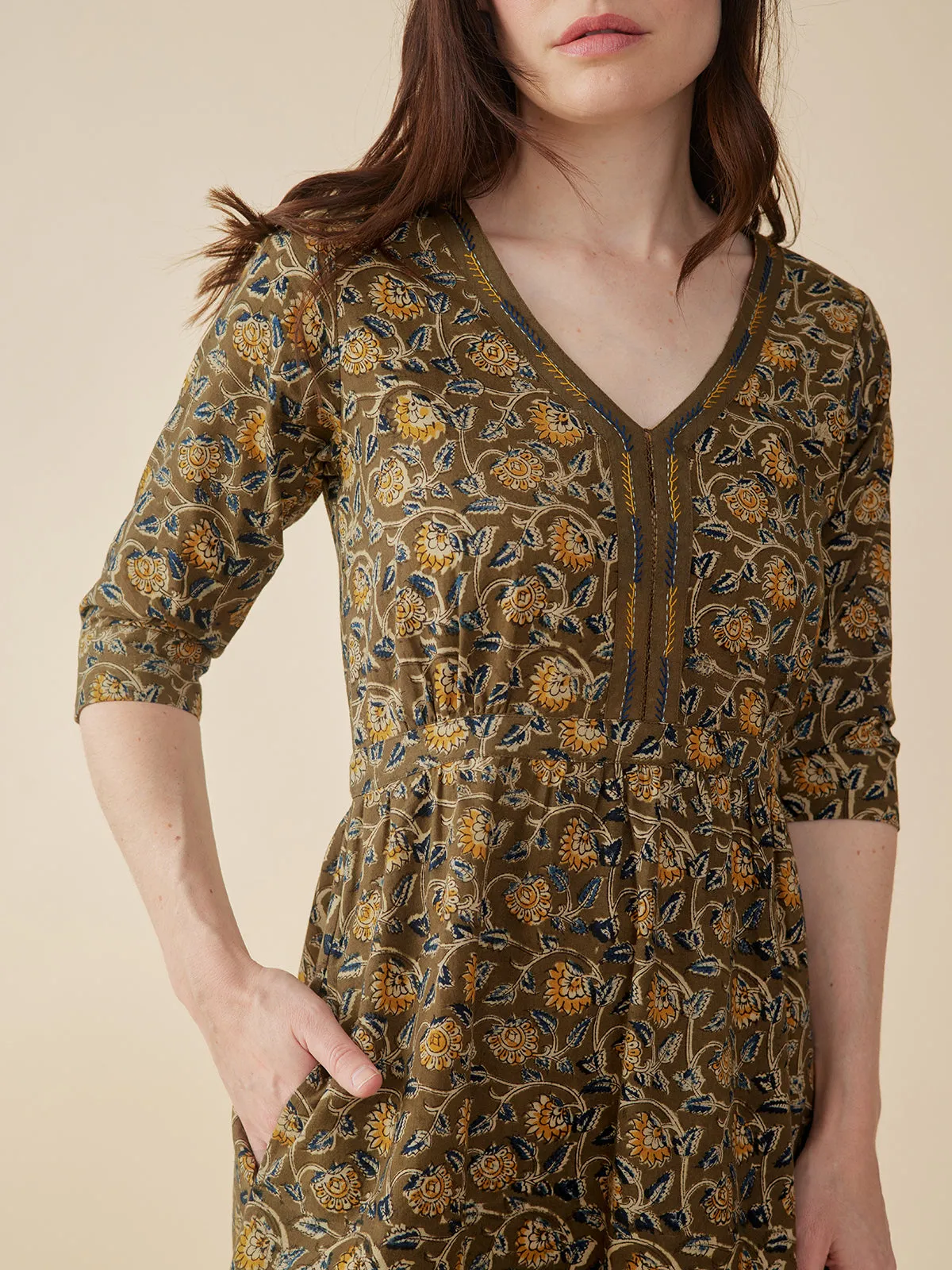 Jaya Half Sleeve Dress - Olive Kalamkari sold by Mata Traders product image thumbnail 3