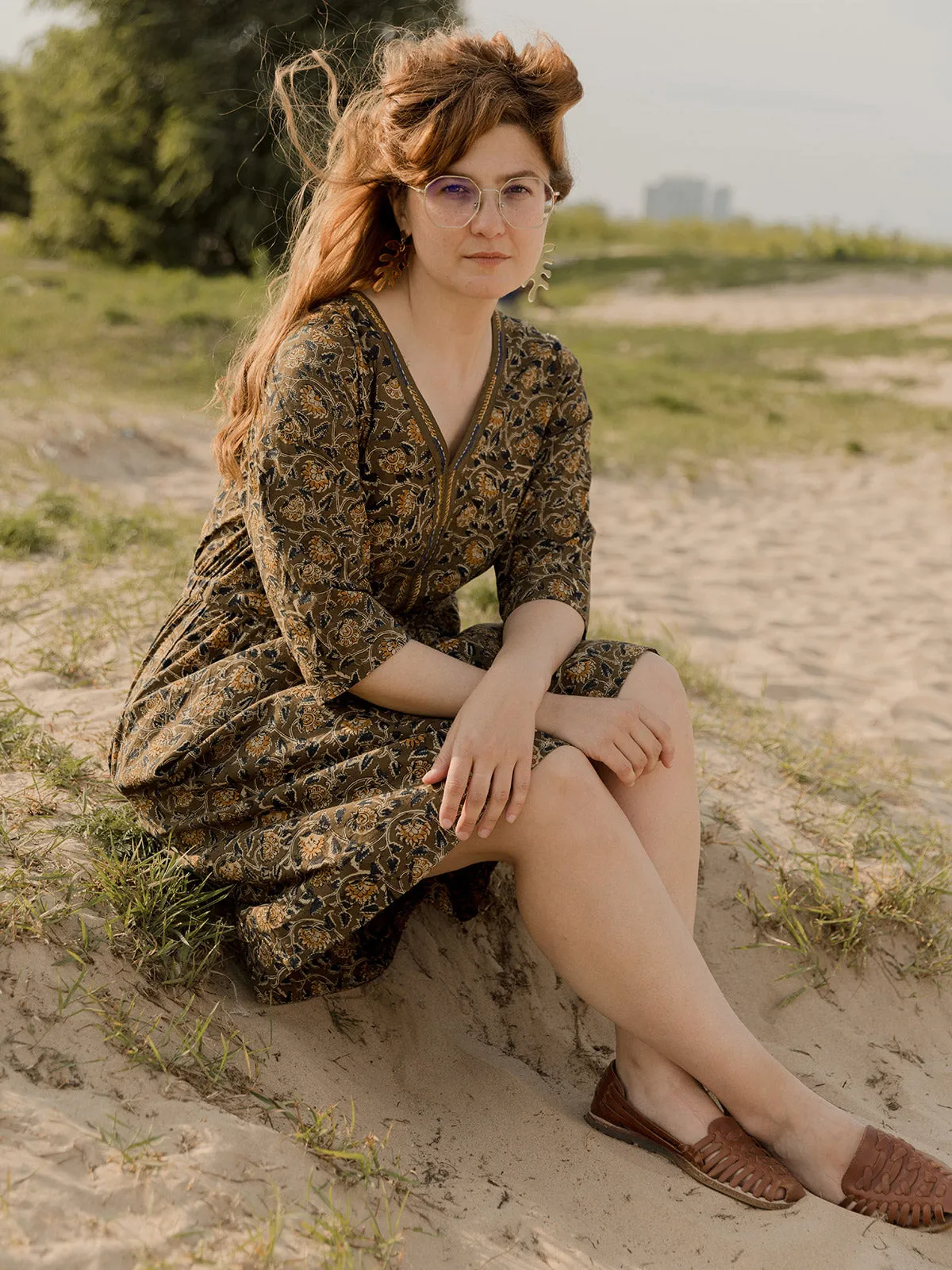 Jaya Half Sleeve Dress - Olive Kalamkari sold by Mata Traders product image thumbnail 2