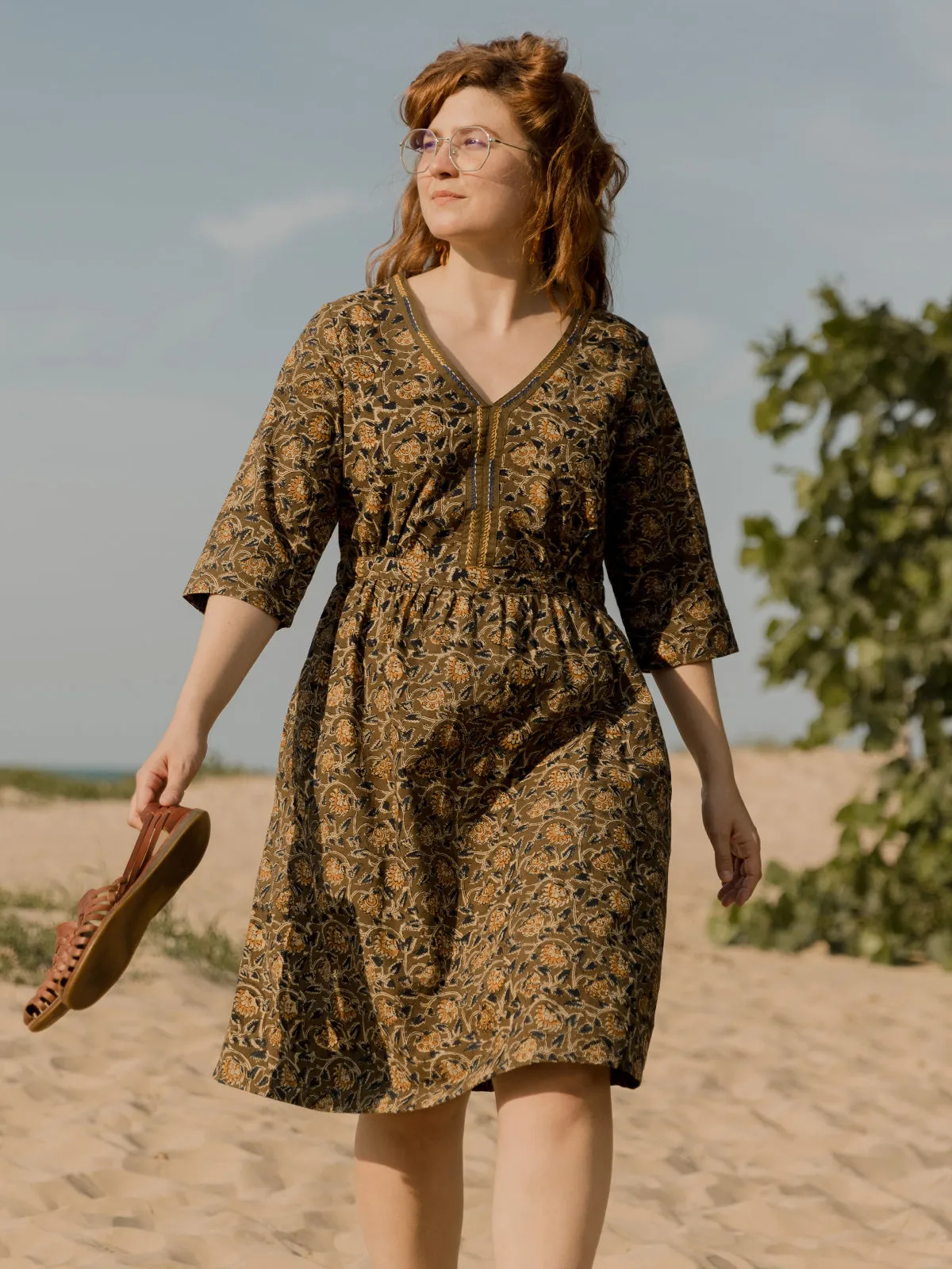 Jaya Half Sleeve Dress - Olive Kalamkari sold by Mata Traders product image thumbnail 5