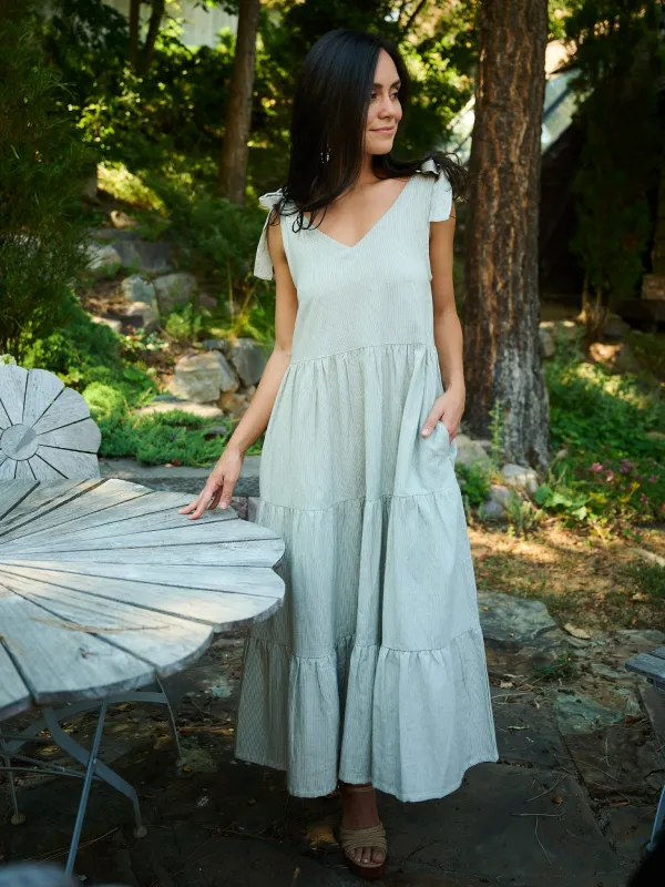 Lorelei Tiered Dress - Olive Stripe sold by Mata Traders