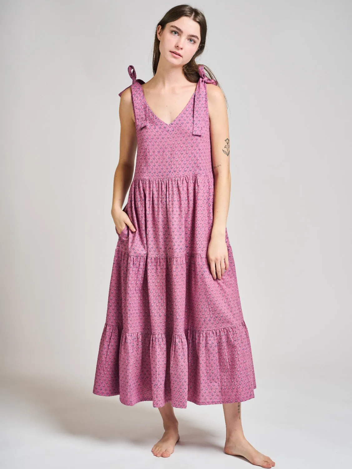 Lorelei Tiered Dress - Purple Buds sold by Mata Traders