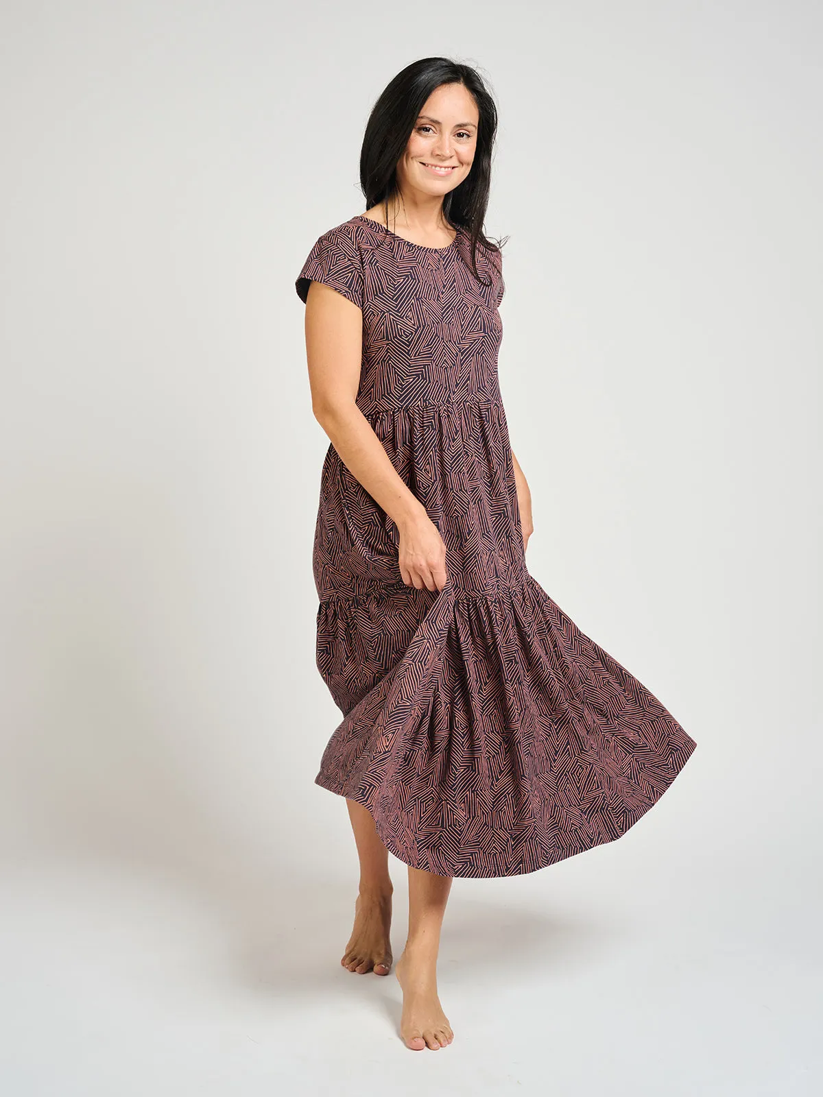 Tiered Jersey Dress - Tree Rings Blue sold by Mata Traders