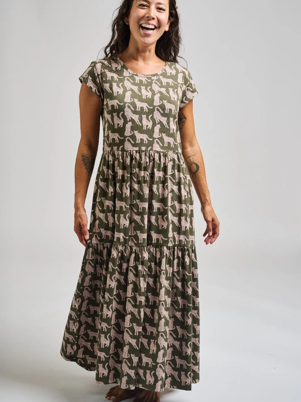 Tiered Jersey Dress - Leopard Green sold by Mata Traders