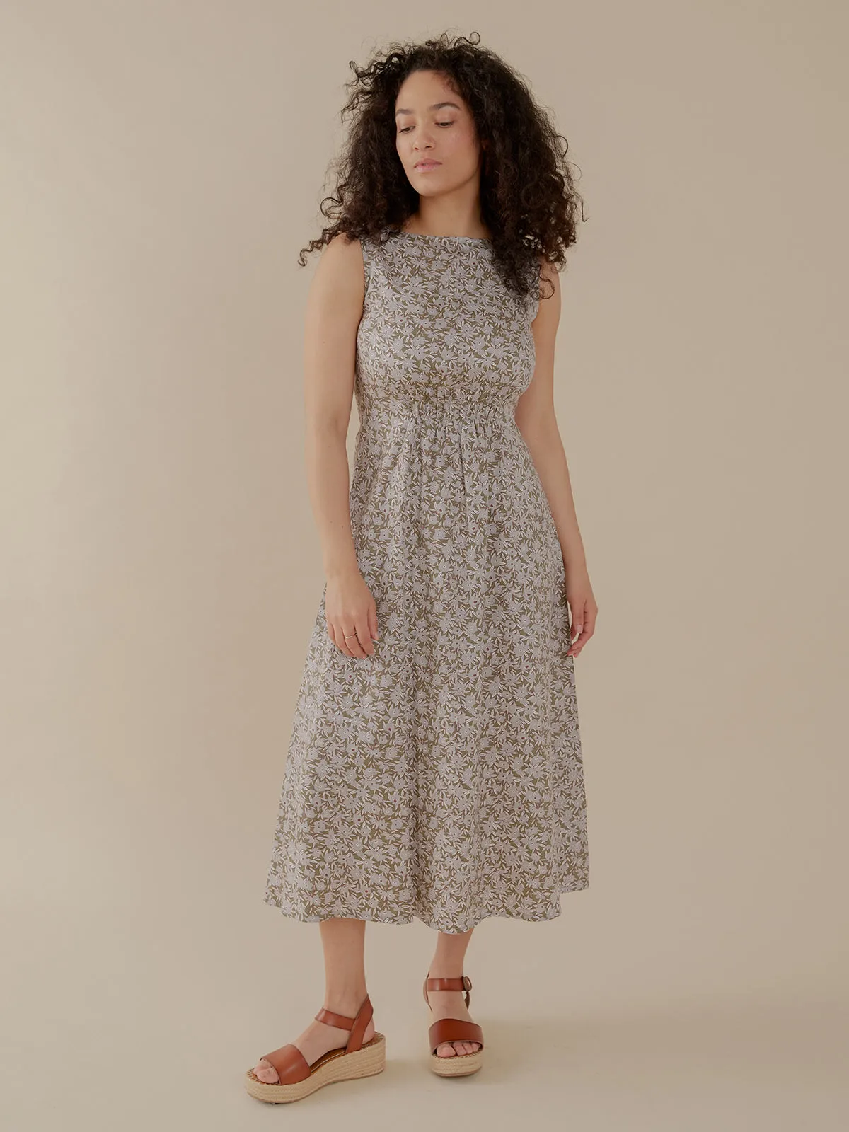 Artsy Traveler Sleeveless Midi Dress - Olive Flowers sold by Mata Traders
