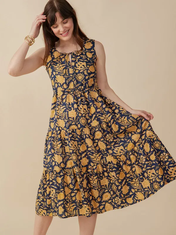 Thais Tiered Sleeveless Dress - Navy Botanical sold by Mata Traders