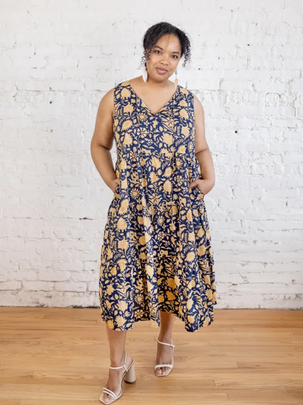 Thais Tiered Sleeveless Plus Size Dress - Navy Botanical sold by Mata Traders