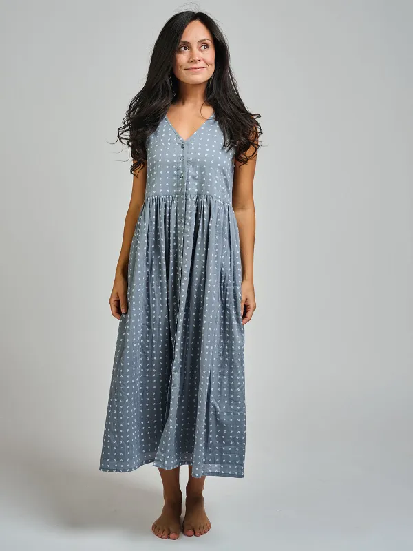 Olivia Dress - Slate Blue Dots sold by Mata Traders