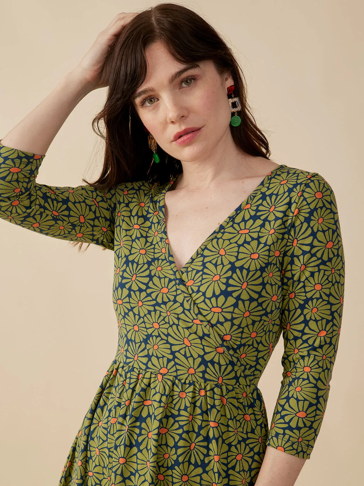 Callie 3/4 Sleeve Wrap Dress - Olive Floral sold by Mata Traders product image thumbnail 3