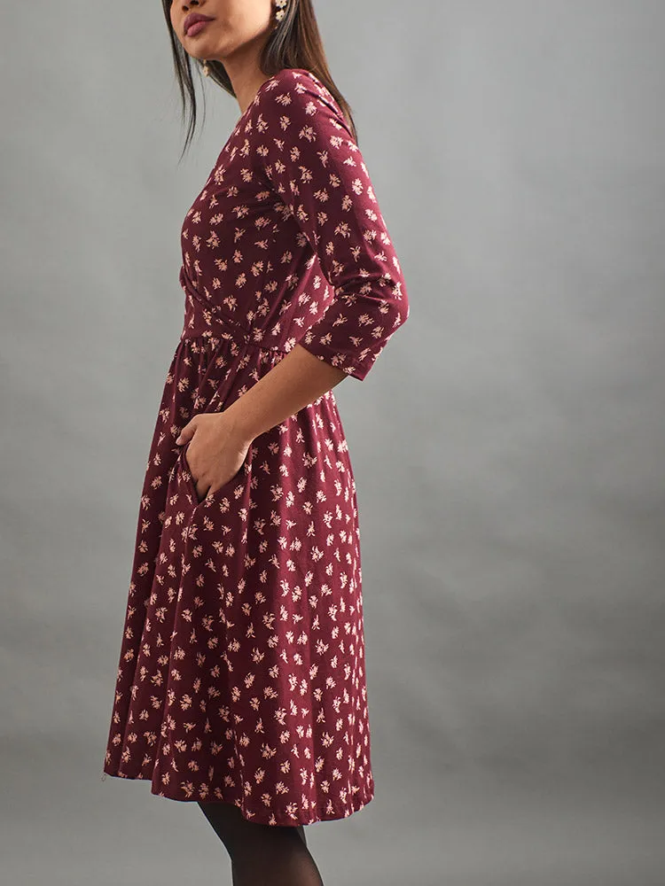 Callie 3/4 Sleeve Wrap Dress - Burgundy Bouquet sold by Mata Traders product image thumbnail 3