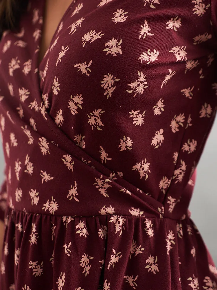 Callie 3/4 Sleeve Wrap Dress - Burgundy Bouquet sold by Mata Traders product image thumbnail 2