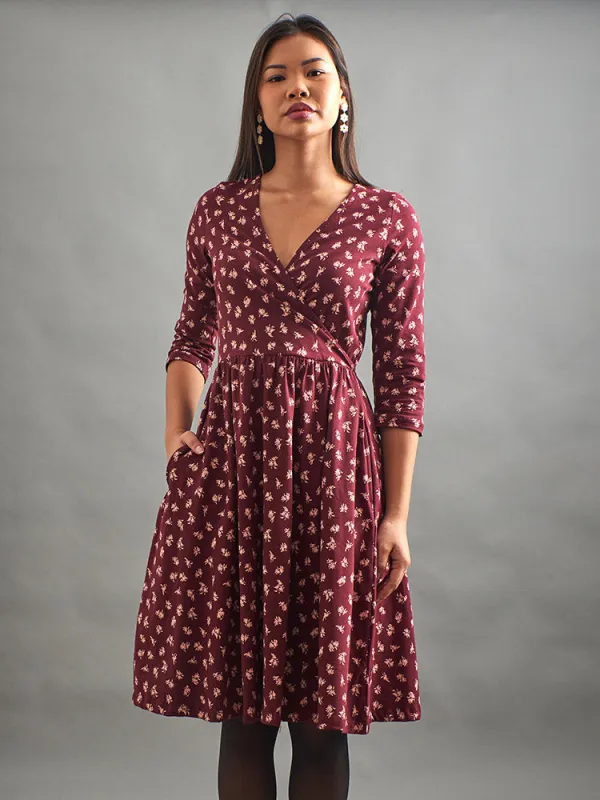 Callie 3/4 Sleeve Wrap Dress - Burgundy Bouquet sold by Mata Traders