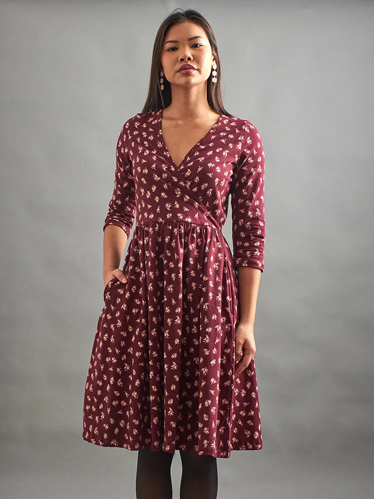 Callie 3/4 Sleeve Wrap Dress - Burgundy Bouquet sold by Mata Traders