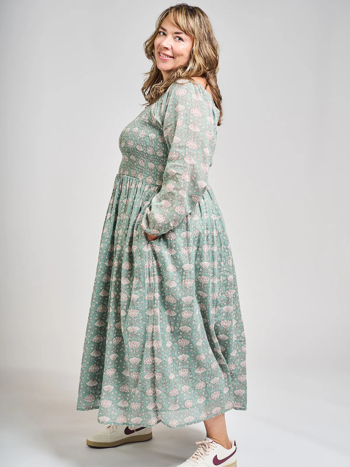 Hailee Smocked Plus Size Midi Dress - Aegean Teal Floral sold by Mata Traders product image thumbnail 2