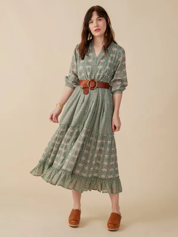 Britta Long Sleeve Tiered Dress - Aegean Teal Mix sold by Mata Traders