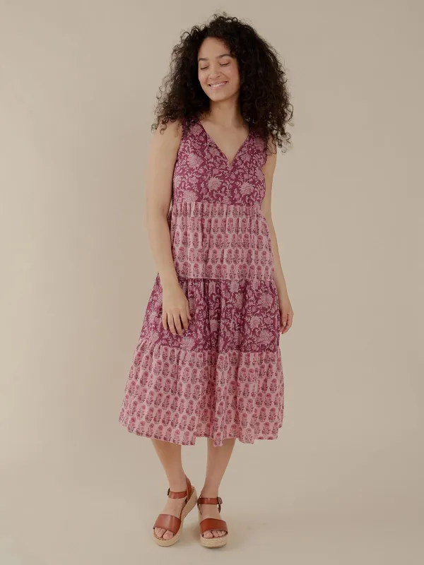 Thais Tiered Sleeveless Dress - Magenta Vine Floral sold by Mata Traders